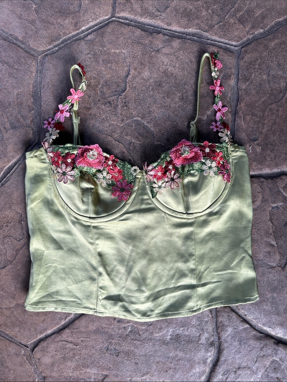 Princess Polly Green Satin Embroidered Floral Bustier Top